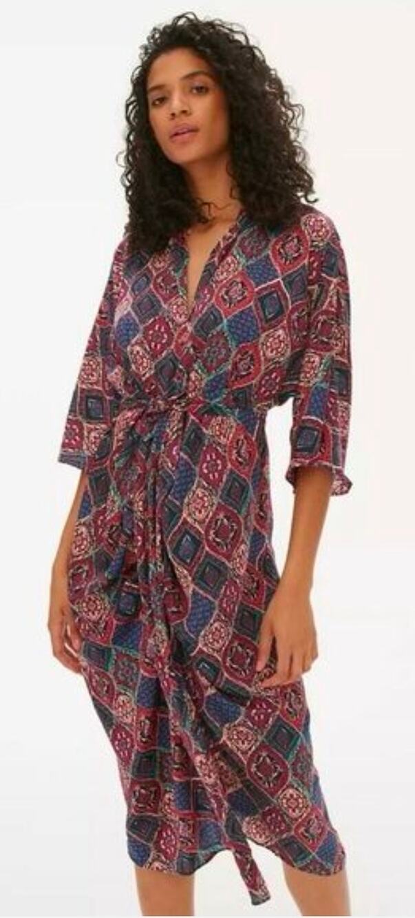 Anthropologie Miska Midi Dress Tile Mosaic Print Kimono Sleeve Draped Wrap